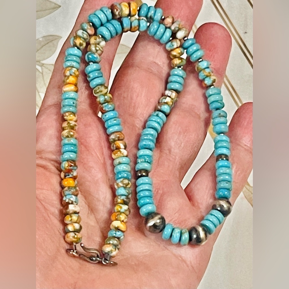 VTG Native American Sterling Spiny Oyster Turquoise Pearl Bench Bead Necklace 18
